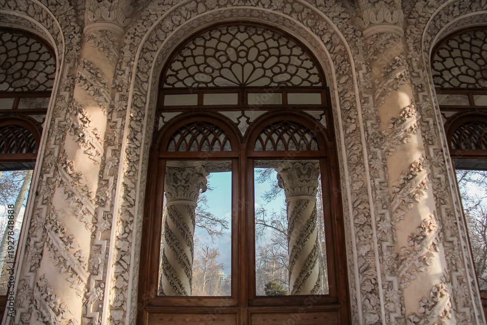custom made wallpaper toronto digitalWooden entrance door with plastered facade around it, and a reflection of the outside space in the door