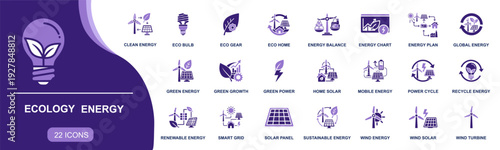 Ecology energy icon set. Containing clean energy, renewable power, solar panel, wind turbine, smart grid, green growth, recycle, eco home and more. Solid fill vector icons collection.