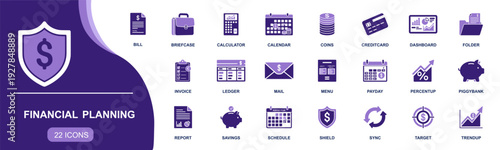 Financial planning icon set. Containing budget, invoice, bill, ledger, savings, credit card, coins, calculator, schedule, report, target, trend and more. Solid fill vector icons collection.