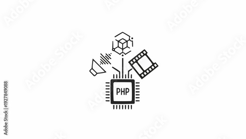 PHP Programming Language Icon with Media Symbols.