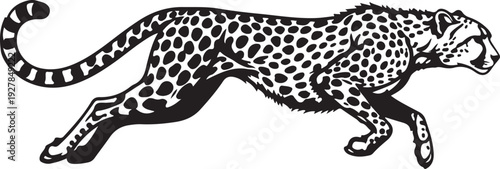 Black silhouette of a cheetah running, isolated on white background.