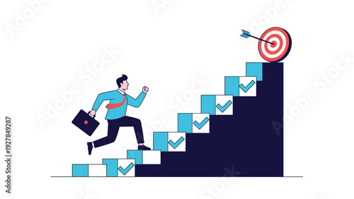 Ambitious businessman running up a flight of stairs with checkmark boxes towards a bullseye target for career success.