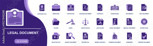 Legal document icon set. Containing contract, courthouse, gavel, justice scale, certificate, approved file, notary seal, subpoena, secure folder and more. Solid fill vector icons collection.