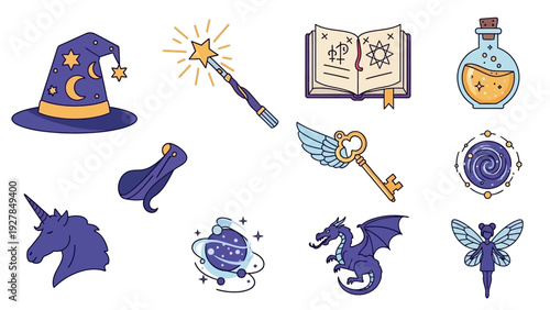 magical objects for fantasy and witchcraft collection icons wizard dragon unicorn fairy key potion