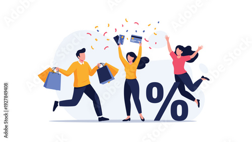 Group of excited shoppers jump and dance with shopping bags and credit cards next to a large percent sign representing a major sales event.