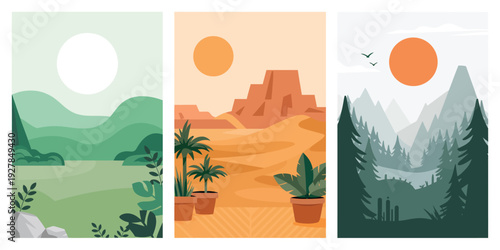Abstract nature poster collection, flat design geometric mountain desert and misty forest art set