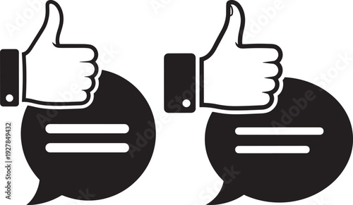 Two black thumbs-up icons above chat bubbles with horizontal lines, signifying approval, likes, positive feedback, and agreement.