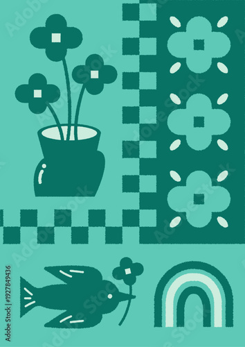 グリーンの花や小鳥のイラスト