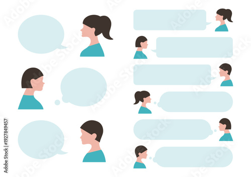 横顔シルエットの女性と吹き出しのシンプルなイラスト素材セット（グリーン）