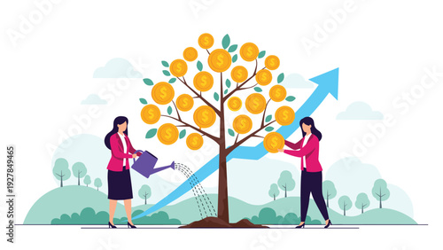 Two businesswomen carefully water a growing money tree laden with gold coins symbolizing smart financial investment and economic growth.