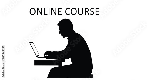 Silhouette of a person using a laptop with the text online course