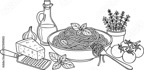 Line art vector of an Italian pasta dish with spaghetti, cheese, tomatoes, garlic, and olive oil