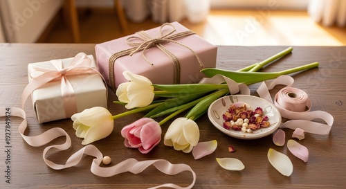 Gift Boxes with Flowers and Decorations on Table.