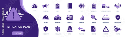 Mitigation plan icon set. Containing alert, audit, risk, compliance, warning, siren, verification, shield, lock, search, transfer, inventory and more. Solid fill vector icons collection.