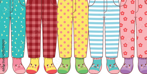 Cartoon pajama pants illustration, colorful socks, cute faces, playful design, children clothing, fashion, sleepwear, cozy, fun, cheerful, creative, lifestyle,