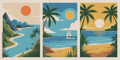 Retro tropical island triptych, vintage beach sunset illustration with ocean and silhouettes