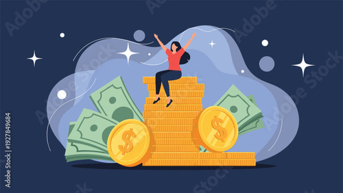 Successful woman celebrates while sitting on a massive stack of gold coins surrounded by green banknotes against a starry background.