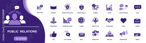 Public relations icon set. Containing marketing, megaphone, press pass, brand shield, analytics, chat, email, conference, handshake, feedback, and more. Solid fill vector icons collection.