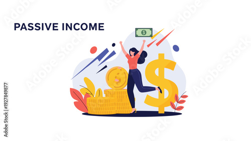 Energetic woman celebrates her financial success by jumping in front of a giant dollar sign and large stacks of gold coins for passive income.