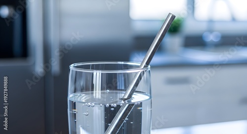 Glass of Water with Metal Straw.