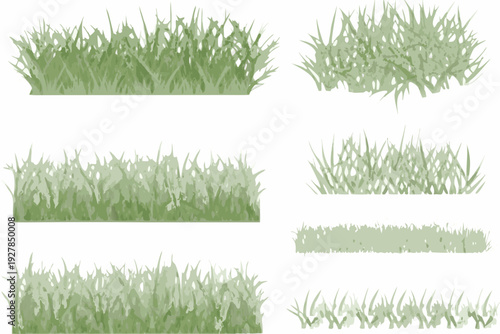 A collection of green grass tufts and patches on a white background