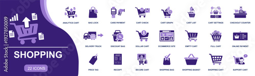 Shopping icon set. Containing cart, basket, bag, checkout, receipt, discount, secure payment, delivery truck, ecommerce, price tag, support and more. Solid fill vector icons collection.