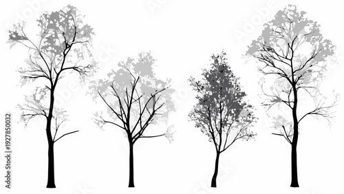 Minimalist grayscale illustration depicting four bare trees against a white background