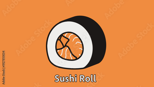 Simple Cartoon Sushi Roll With Salmon Filling On Orange Background Minimalist