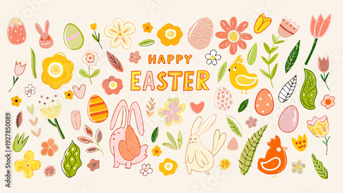 A colorful easter illustration with eggs bunnies chicks and floral elements