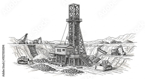 Oil Derrick Sketch Industrial Scene.