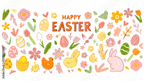 A colorful hand drawn illustration celebrating the happy easter holiday