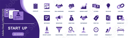 Start up icon set. Containing pitch deck, checklist, dashboard, funding, partnership, ID card, MVP badge, sales funnel, target, rocket launch, and more. Solid fill vector icons collection.