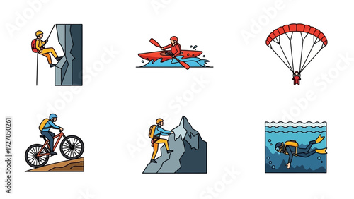 Vector icons representing various extreme sports and outdoor adventure activities for graphic