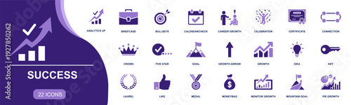 Success icon set. Containing analytics, briefcase, bullseye, check calendar, career growth, celebration, certificate, crown, medal, money bag, goal and more. Solid vector icons collection.