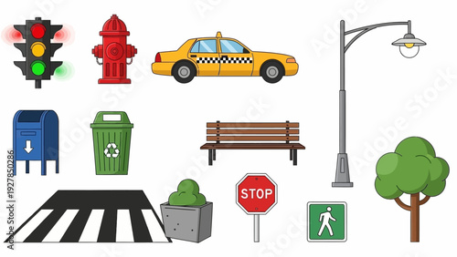 Urban Street Elements Icons Collection Featuring Traffic Lights, Taxi, and Bench