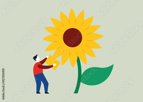 Small man in a red shirt holds a yellow puzzle piece, attaching it to a giant sunflower's center.