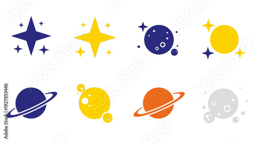 Vibrant collection of stylized celestial bodies and stars for cosmic graphic design