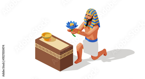 Egyptian Pharaoh Kneeling with Blue Flowers.