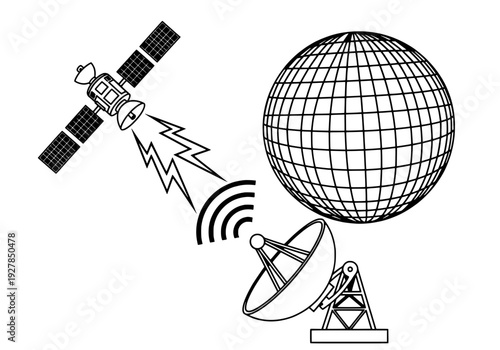 Satellite transmits signals to Earth through antenna and dish in global communication system