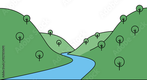 Green Hills with River and Trees Illustration.
