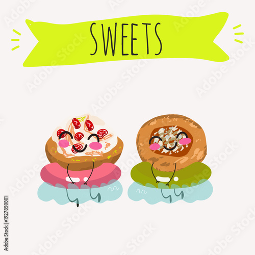 Funny Characters quince dessert, Ayva tatlısı, hand drawn vector illustration.
