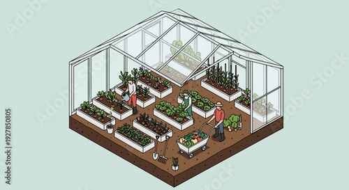 Greenhouse with Plants and Gardening Activities.