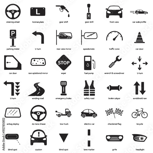 Collection of car parts and road signs in modern black and white design