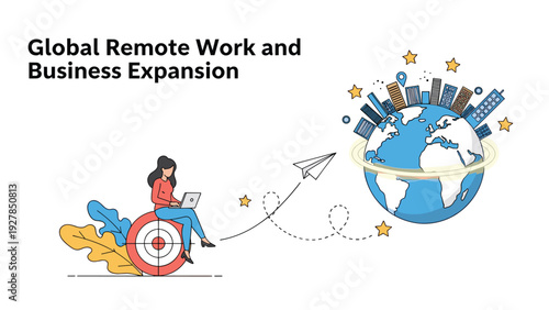 Professional woman works on her laptop while sitting on a target connected to a globe with a city skyline symbolizing global remote work.