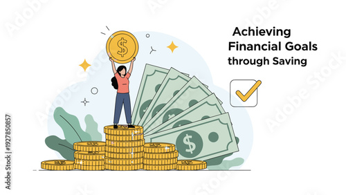 Proud woman stands on a giant stack of gold coins holding another coin high above her head to celebrate achieving her financial goals.