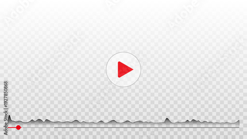 Vector illustration of a video player interface featuring a realistic red play button, a timeline slider, and a sound wave highlighting interesting moments on a transparent background.