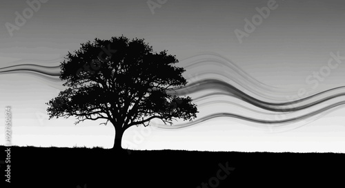 Silhouette of a solitary tree against a wavy gradient sky background