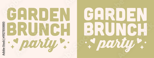 Garden brunch party outdoor breakfast spring summer retro vintage 80s theme girls shirt design. Girly groovy preppy aesthetic cute pastel green lettering poster print banner invitation invite card.