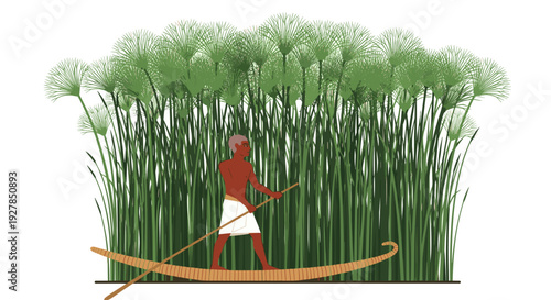 Illustration of a man standing in a canoe.