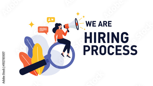 Hiring manager with a megaphone sits on a giant magnifying glass to symbolize a proactive and thorough recruitment and hiring process.